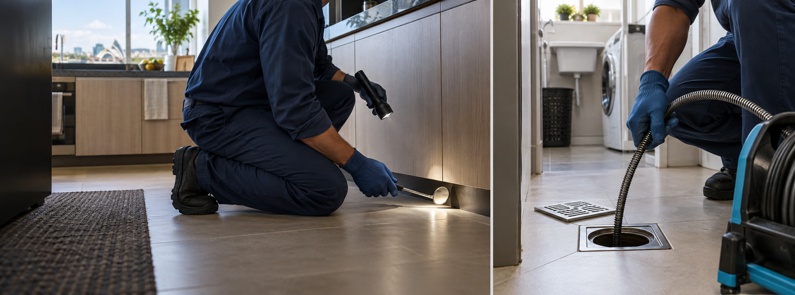 Profissionais realizando inspeção de pragas e desentupimento de ralo em ambientes residenciais